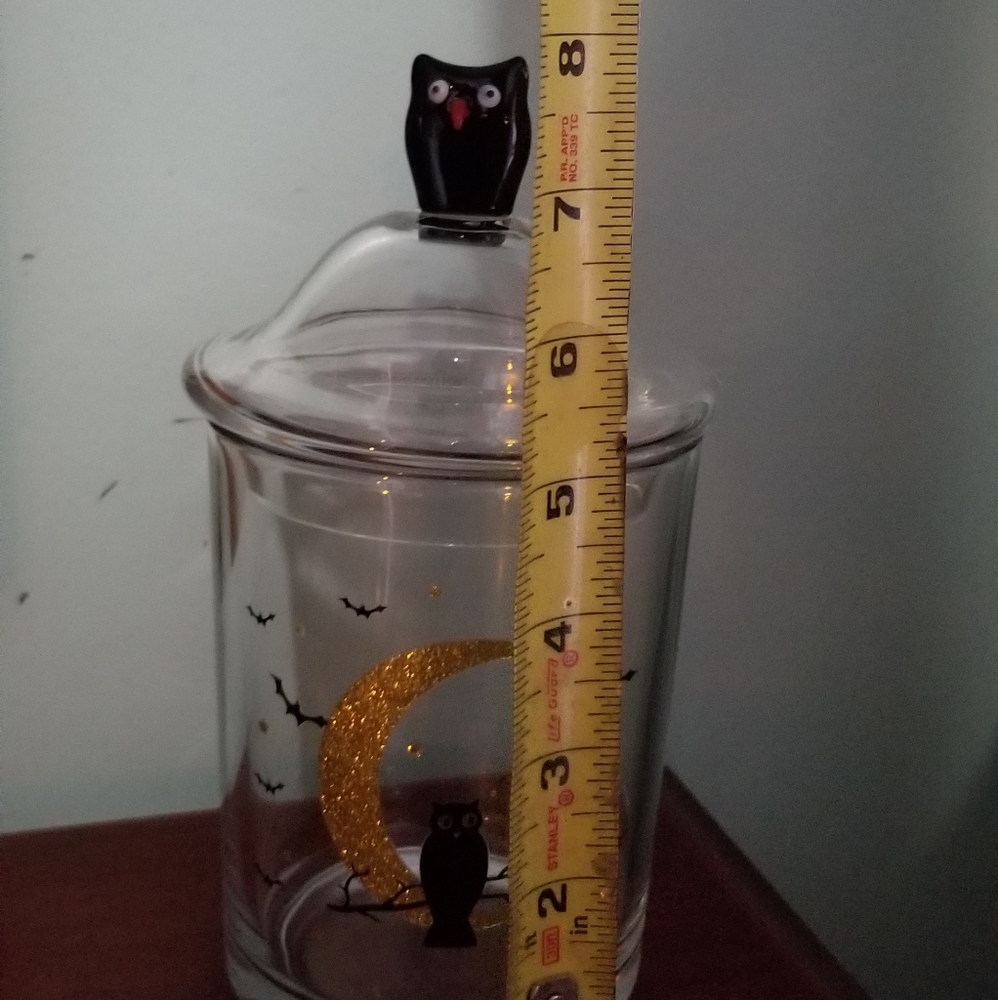 clear glass candy jar lid tealight holder canister happy Halloween moon owl bats - Picture 5 of 7